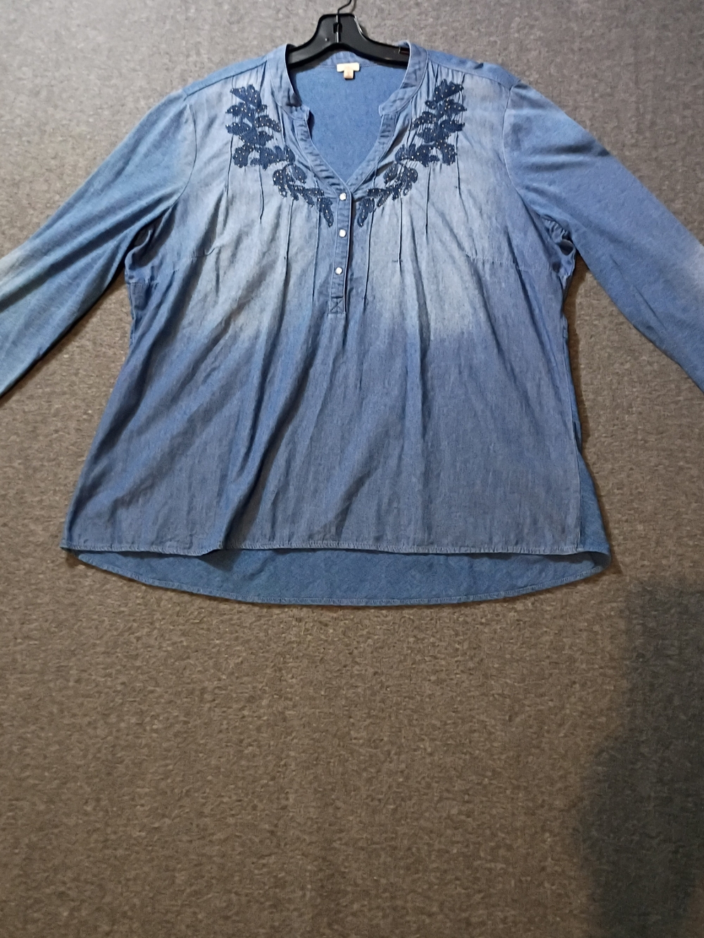 Reba Blue Embroidered Long-Sleeve Denim-Look Tunic Size 2X
